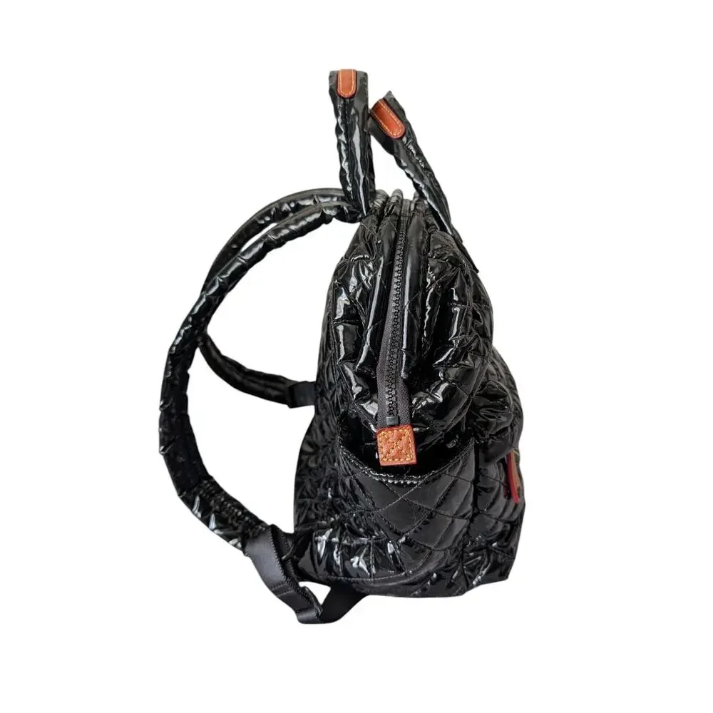MZ Wallace Black Lacquer Quilted Metro Top Handle Patent Backpack Medium